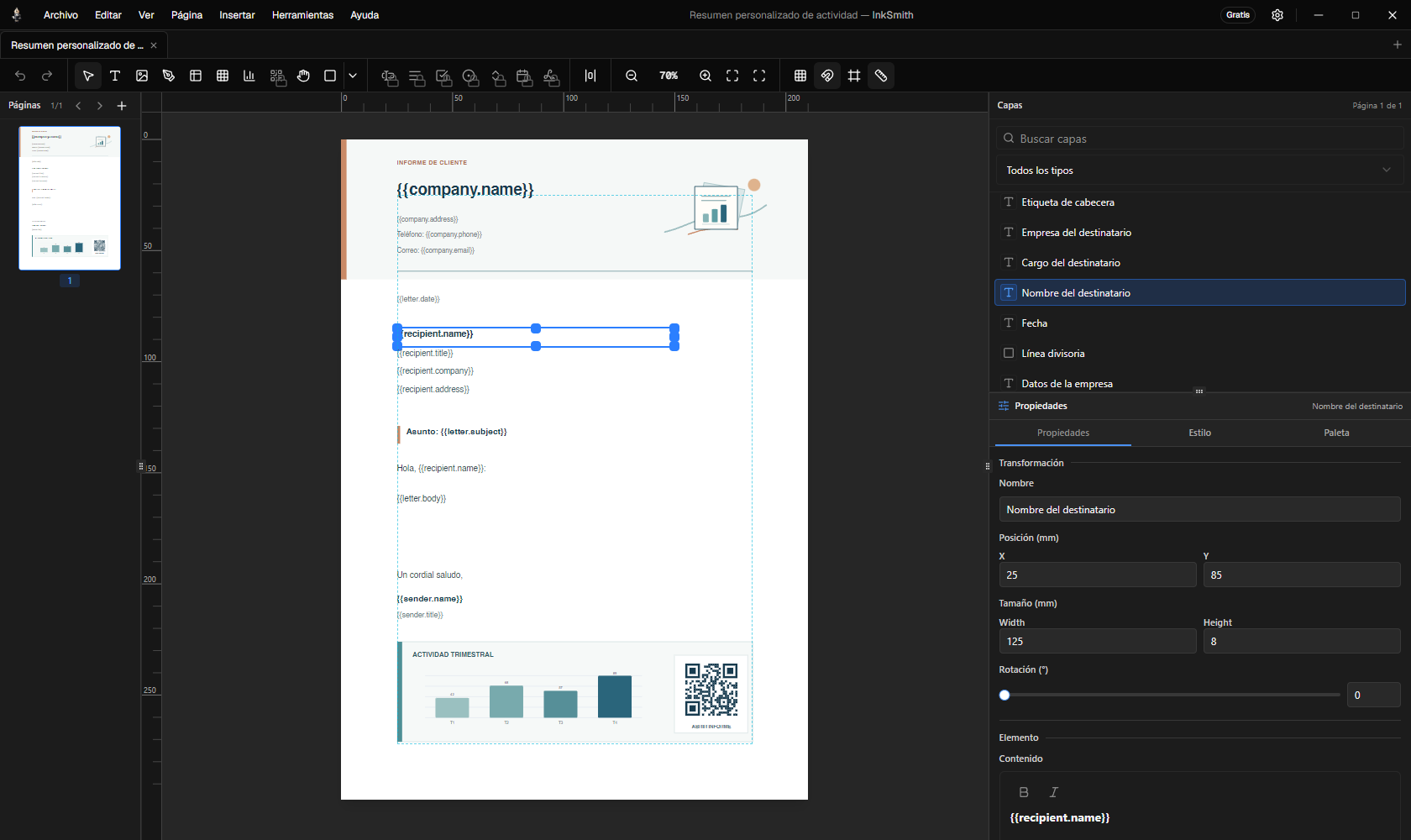 Editor de InkSmith con los campos de combinación visibles en la carta descargable