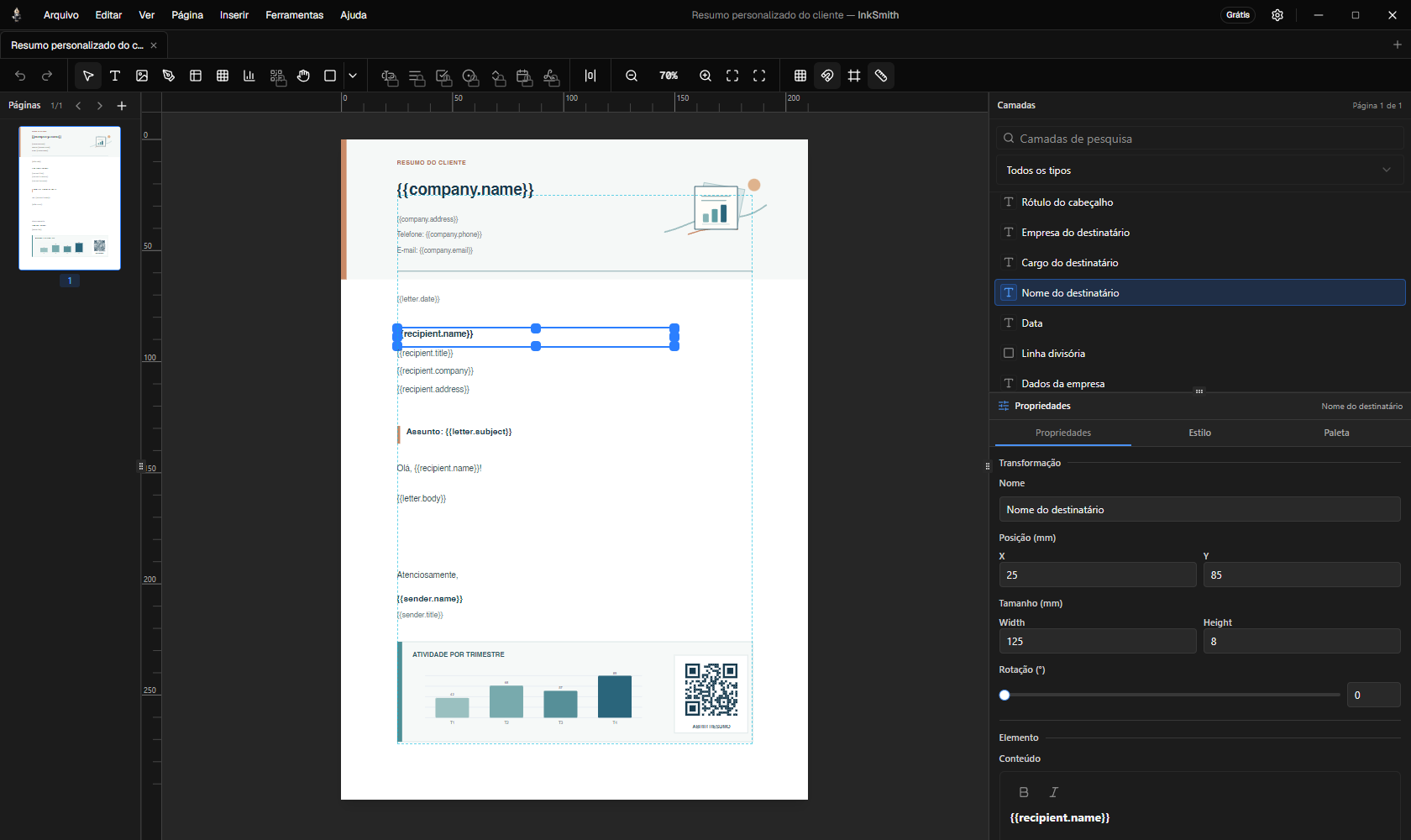 Editor do InkSmith com os campos de mala direta visíveis na carta