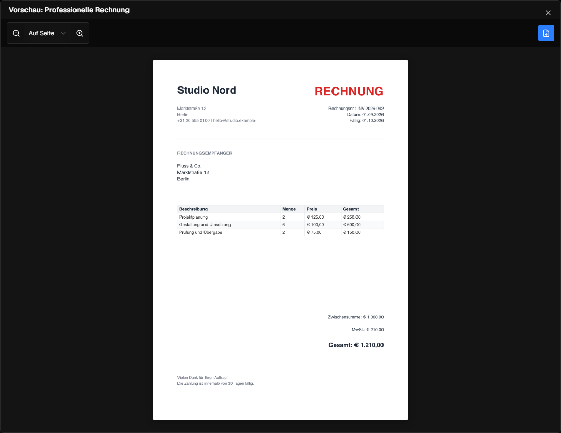 InkSmith mit PDF-Vorschau in voller Größe vor dem Export