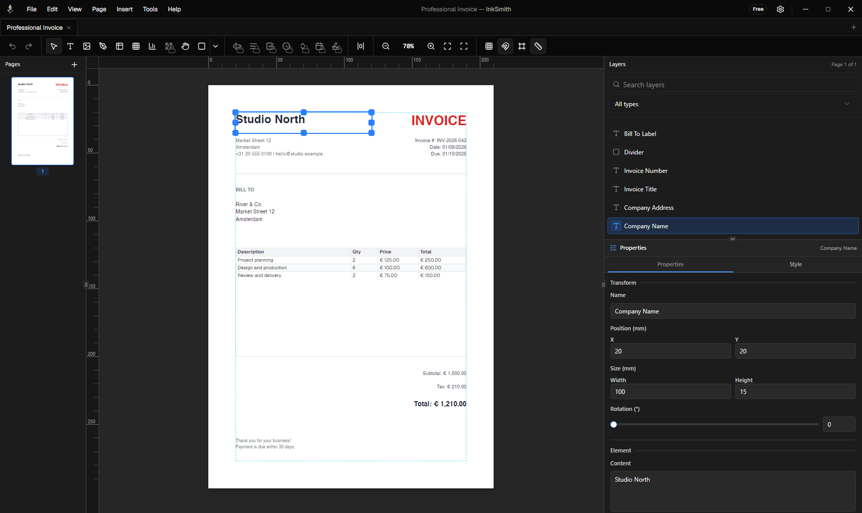 InkSmith visual editor showing an invoice on the page canvas with layers and properties