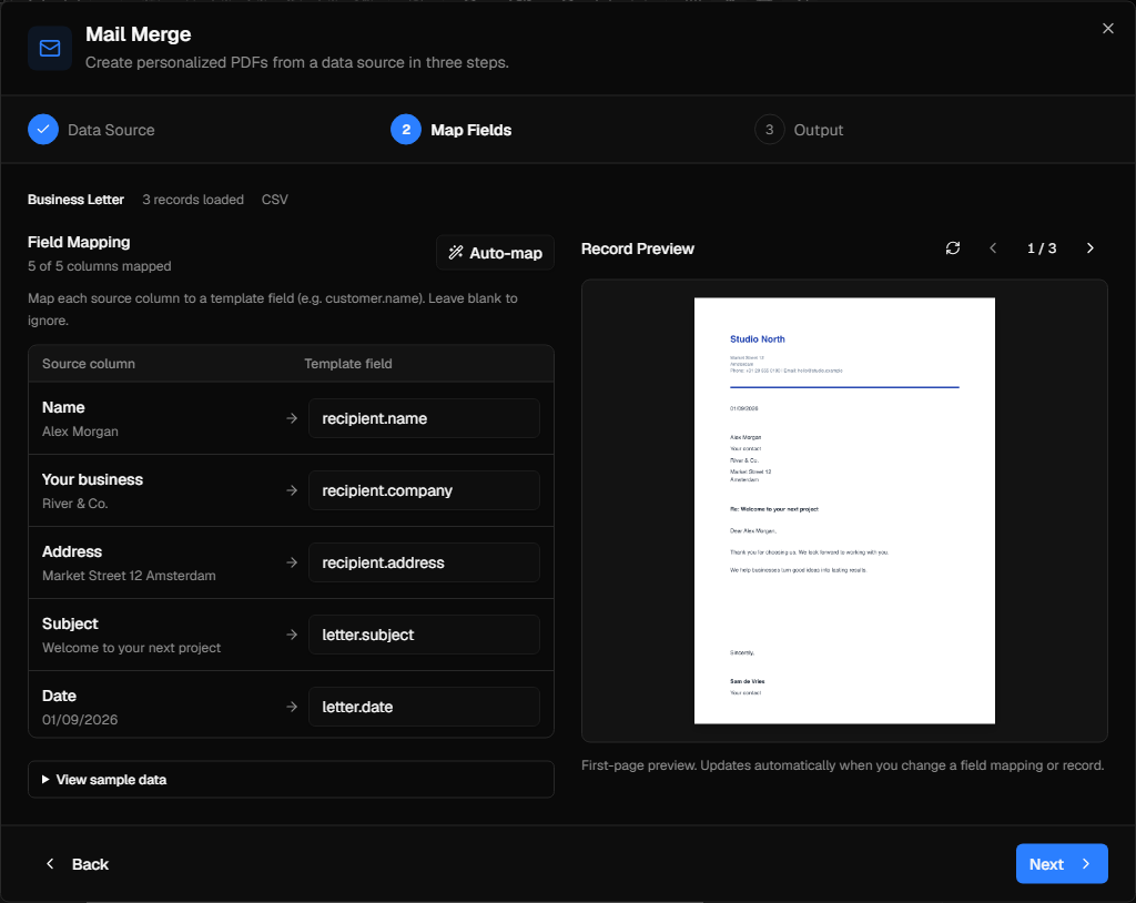 InkSmith mail merge workflow with data records