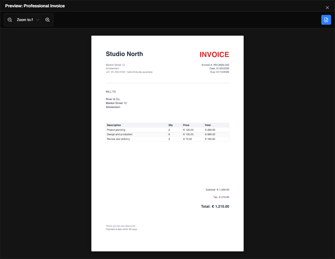 InkSmith showing a full-size PDF preview before export