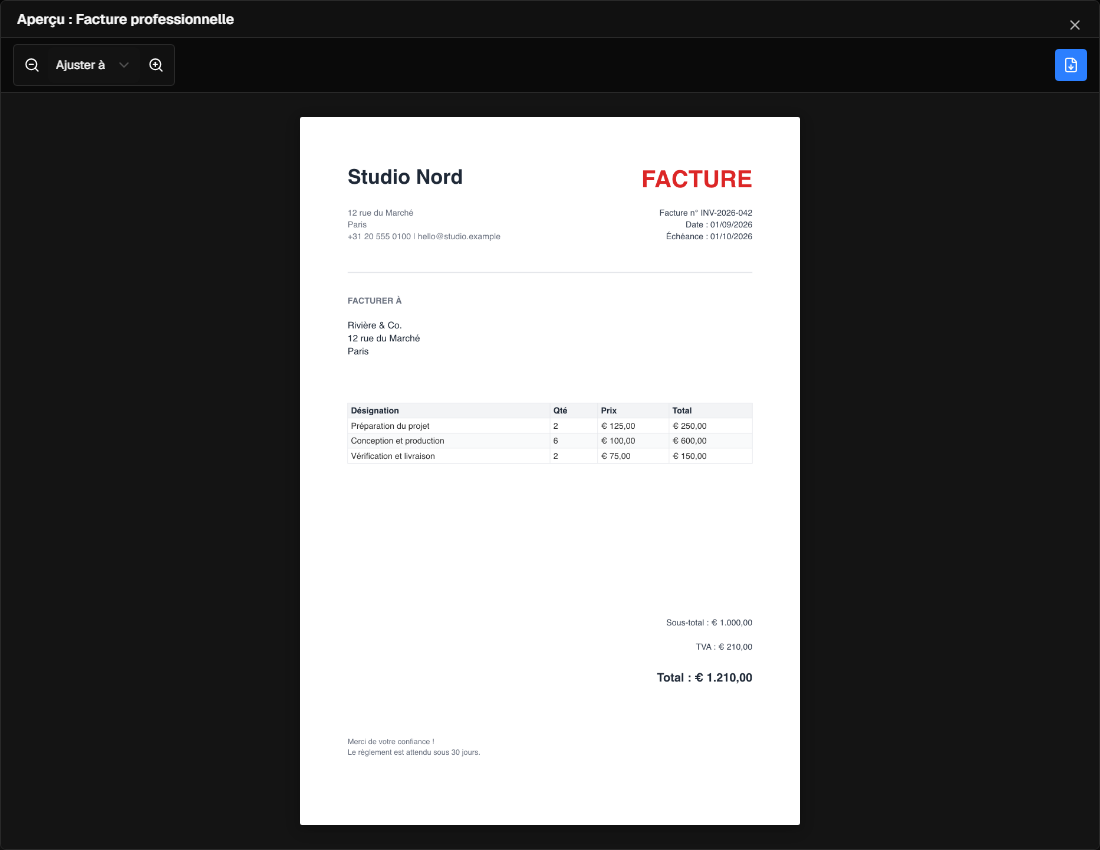 InkSmith affichant un aperçu PDF en taille réelle avant l’export