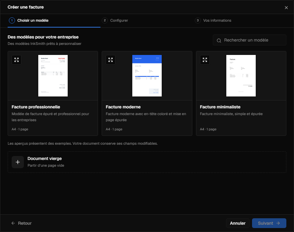Assistant de démarrage InkSmith montrant un choix de design