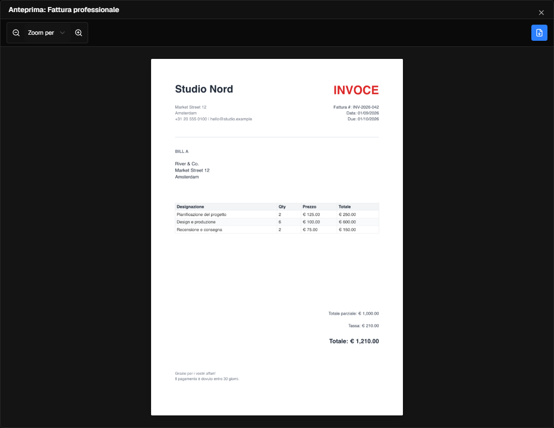 InkSmith mostra un'anteprima PDF completa prima dell'esportazione