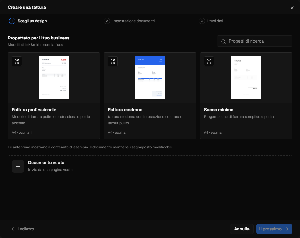 InkSmith avviare la procedura guidata mostrando una selezione di progettazione