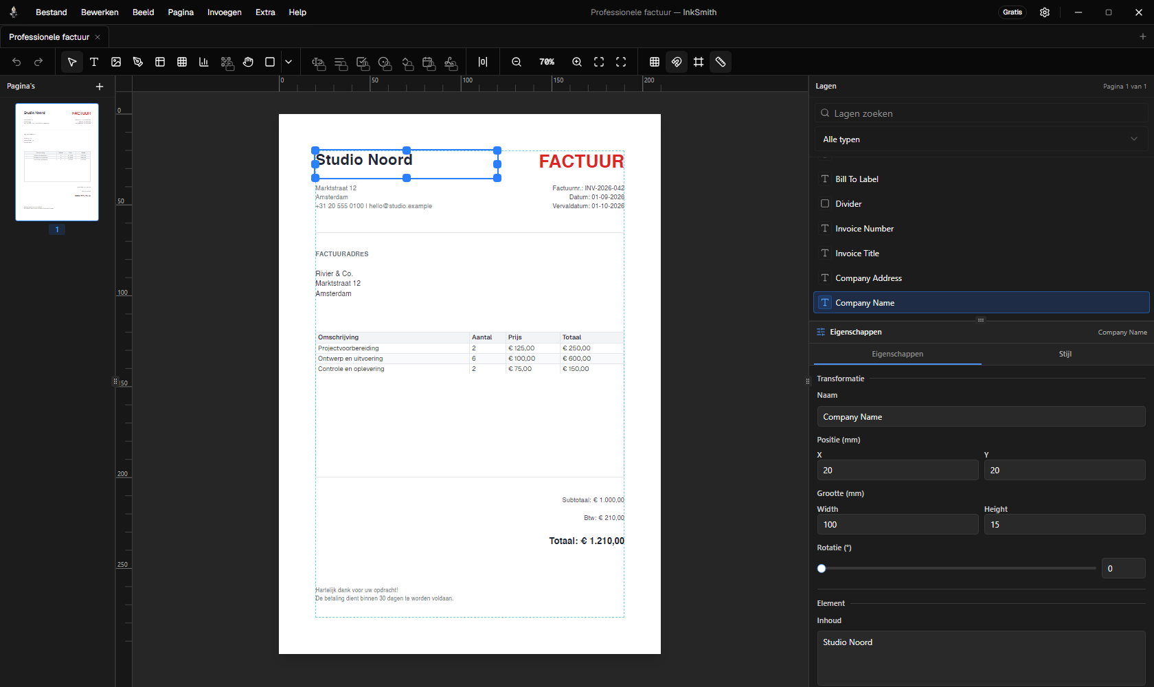InkSmith visuele editor met een factuur op het paginacanvas, lagen en eigenschappen
