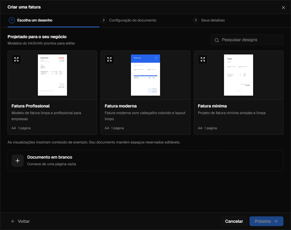 Assistente de início rápido do InkSmith mostrando uma seleção de design